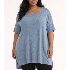 Eileen Fisher Bateau Neck Knit Tunic Top Sz 1X Blue Stretch Linen Short Sleeves